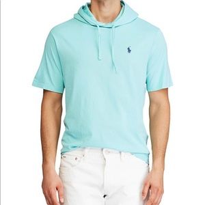 Mens Ralph Lauren short sleeve jersey hoodie. Light teal color /blue. (New)